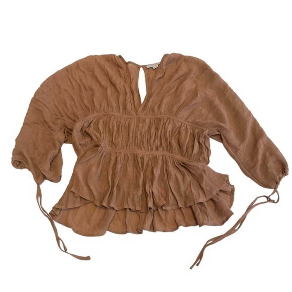 Favlux‎ Fashion Terracotta Brown Smocked Peplum Blouse Boho Tie Sleeve Top Small